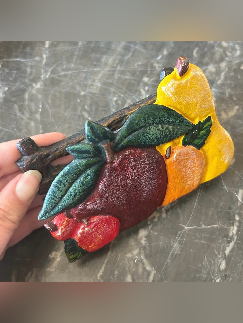 Vintage Cast Iron Fruit Napkin Holder Mail Letter Rack Hand Painted